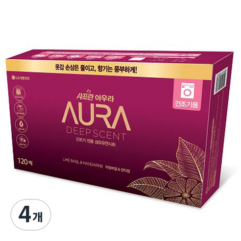 AURA 딥센트 건조기용 시트 섬유유연제 라임바질 & 만다린, 4개, 120매