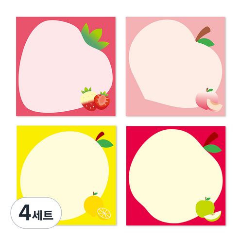 정사각 후르츠 떡메모지 4종 세트, 딸기, 레몬, 복숭아, 사과, 4세트