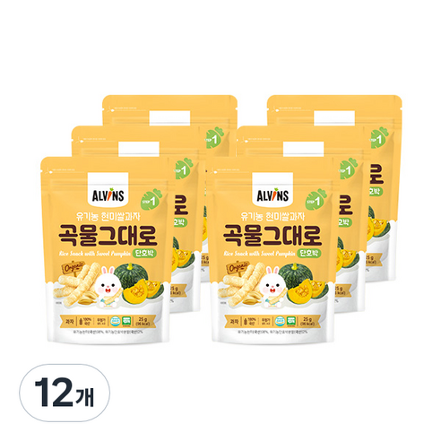 엘빈즈 유아용 유기농 곡물 그대로 현미 쌀과자 STEP1 25g, 단호박맛, 12개