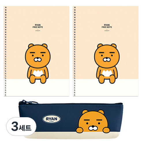 카카오프렌즈 모던st 미니 삼각 필통 + 스프링 연습장 2p 문구세트, 네이비 라이언(필통), 라이언(연습장), 3세트