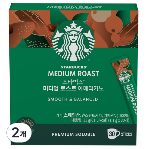 스타벅스 미디엄 로스트 아메리카노 스틱 원두커피믹스, 1.1g, 30개입, 2개