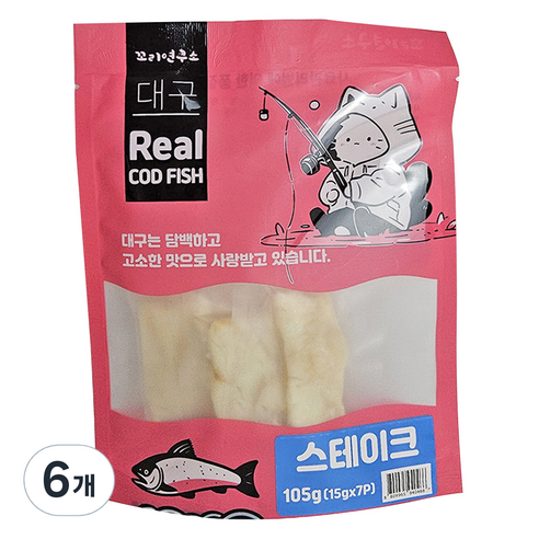 꼬리연구소 고양이 리얼 스테이크 순살 간식 통살 7p, 105g, 6개, 대구맛