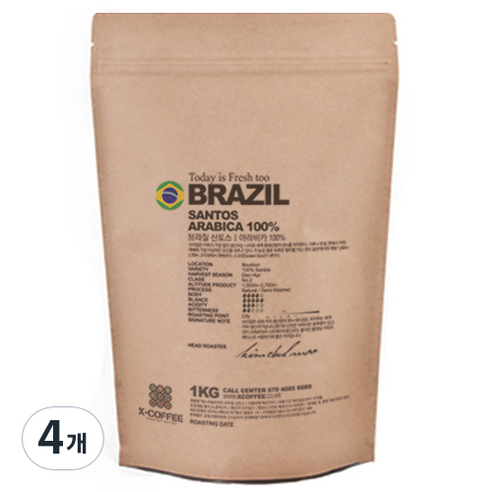 엑스데일리커피 브라질산토스 원두커피, 1kg, 4개, 홀빈(분쇄안함)