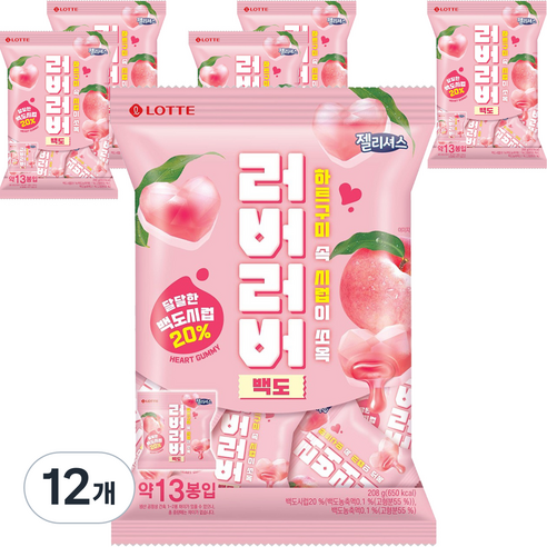 젤리셔스 러버러버 젤리 백도, 208g, 12개