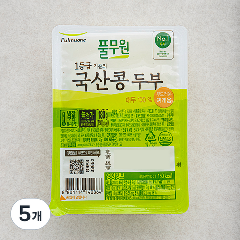 풀무원 국산콩 두부 찌개용, 180g, 5개