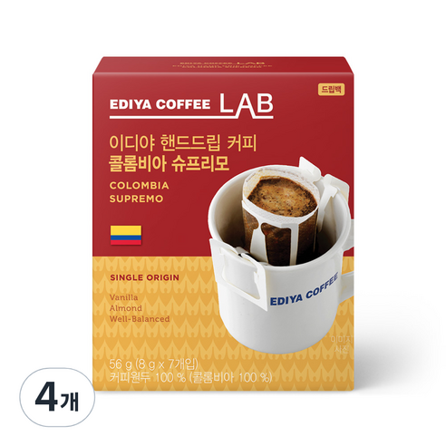 이디야 핸드드립 콜롬비아 슈프리모 드립커피, 8g, 7개입, 4개