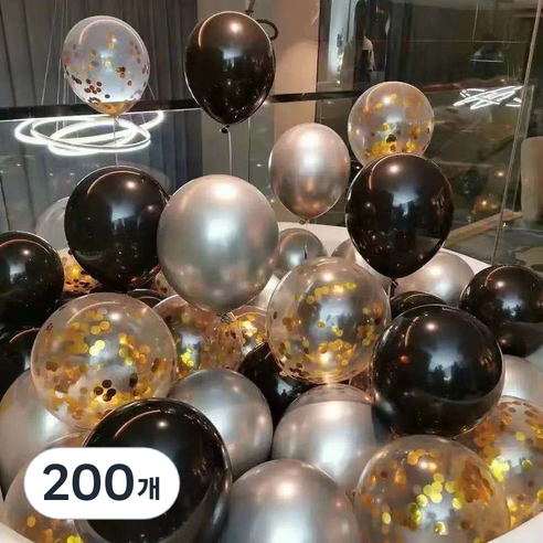 팡파티 파티풍선 + 공기주입기, 블랙 실버 투명, 200개