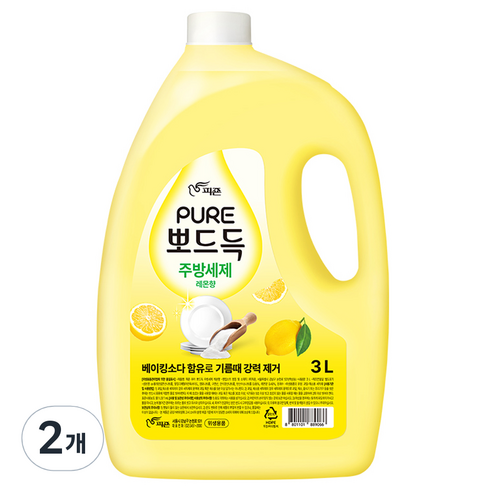 피죤퓨어 뽀드득 주방세제 레몬향, 3L, 2개