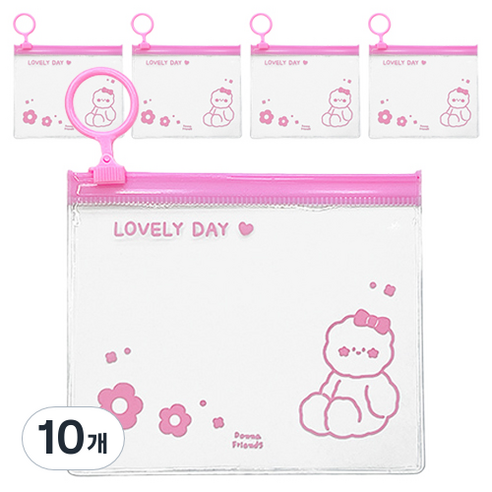 도나와친구들 pvc 슬라이드 투명 고리 지퍼백 12 x 10 cm, LOVELY DAY 플라워 도나 핑크, 10개