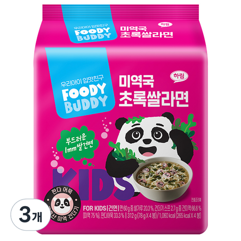 푸디버디 유아용 미역국 초록쌀라면 봉지 4p, 312g, 3개