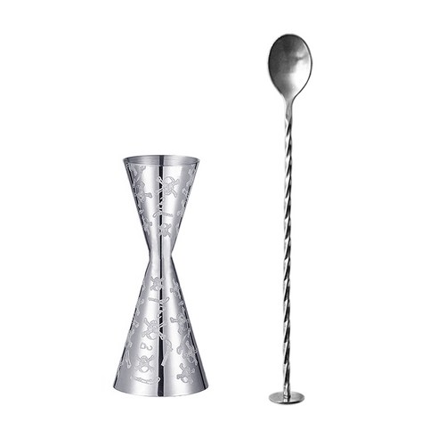칼딘 더블 사이드 칵테일 스컬 지거 30 45ml + 바스푼 세트, 실버, 1세트