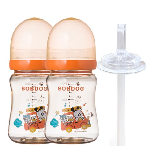 리틀밥독 PPSU 노꼭지젖병 트윈팩 + 교체용 빨대, 오렌지, 200ml, 1세트