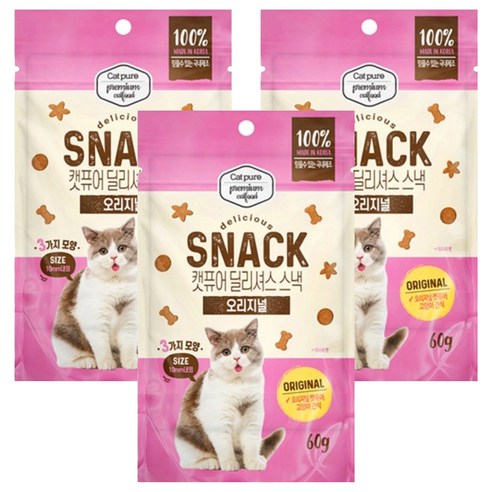 캣퓨어 고양이 딜리셔스 스낵 오리지널, 3개, 60g, 혼합맛(닭고기/참치)
