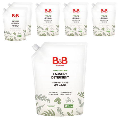비앤비 리얼 라즈베리 식초 담은 비건 섬유세제 무향 리필, 1.5L, 6개