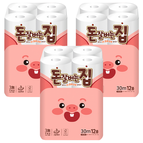 돈잘버는집 3겹 롤화장지, 30m, 12개입, 3개