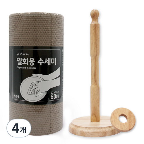 유하우스 멜트브라운 일회용 수세미 60매 + 원목 롤 수세미 전용 걸이, 혼합 색상, 4개