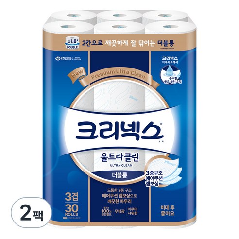 크리넥스 3겹 울트라클린 더블롱 천연펄프 화장지, 27m, 30개입, 2개