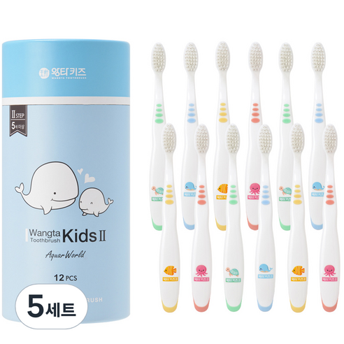왕타 아쿠아월드 2호 어린이 칫솔, 혼합색상, 12개입, 5개