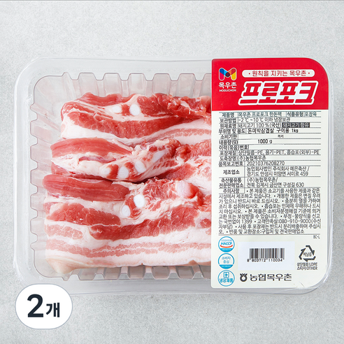 목우촌 프로포크 한돈팩 미박삼겹살 구이용 (냉장), 1kg, 2개