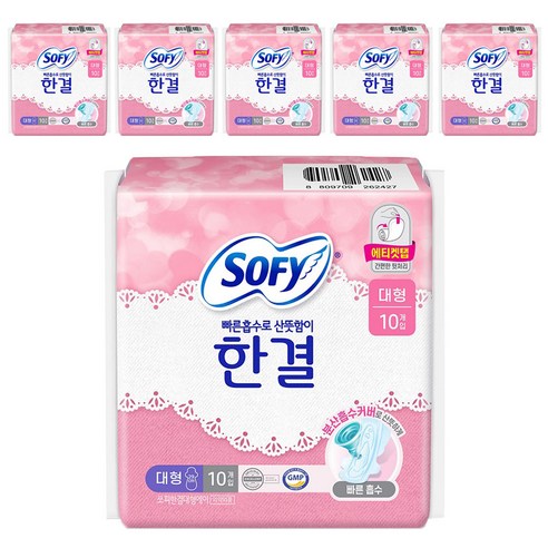 쏘피 한결 생리대 날개형, 대형, 10개입, 6개