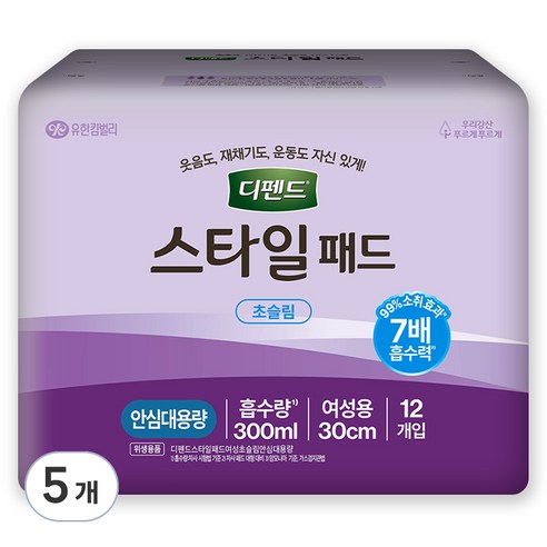 디펜드 여성용 요실금 스타일 패드 성인기저귀, 초슬림 안심대용량, 12개입, 5개