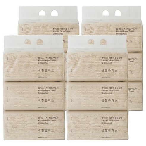 생활공작소 뽑아쓰는 무표백 천연펄프 키친타올, 100개입, 12개