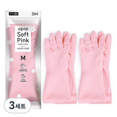 명진 소프트핑크 고무장갑 중형 3켤레 세트, 중(M), 3세트
