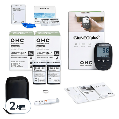 오상헬스케어 글루네오 플러스 혈당측정기 + 시험지 100p + 채혈침 110p + 알콜솜 100p 채혈침, 2세트