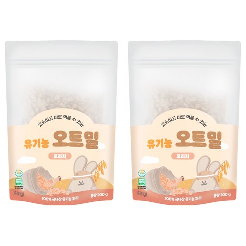 퍼기 유아용 이유식용 유기농 세척 오트밀 포리지, 300g, 2개