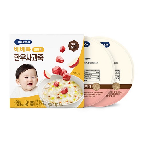 베베쿡 중기 한우사과죽 실온이유식 2p, 혼합맛(한우/사과), 220g, 1개 혼합맛(한우/사과) × 220g × 1개 섬네일