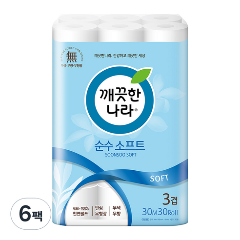 깨끗한나라 순수 소프트 화장지 3겹, 30m, 30개입, 6개
