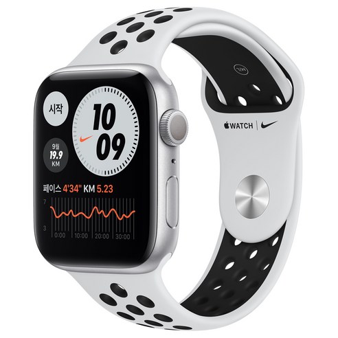 Apple 워치 6 Nike, 실버 알루미늄 케이스, 퓨어플래티넘 + 블랙 스포츠밴드, 44mm, GPS