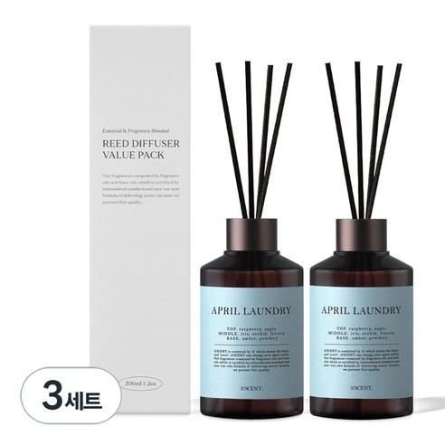 에이센트 네이처 실속형 디퓨저 200ml x 2p + 섬유스틱 10p, 에이프릴런더리, 3세트