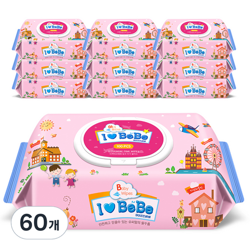 아이러브베베 핑크 아기물티슈 캡형 43gsm, 100매, 60개