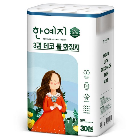 한예지 3겹데코 천연펄프 롤화장지 27m, 30롤, 1팩