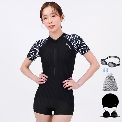 아쿠아티카 여성용 반팔 원피스 2부 수영복 + 일반용수경 6종세트