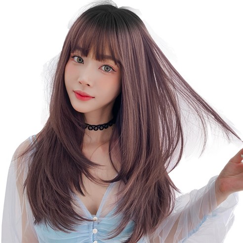 하이유니 레이어드 C컬 펌 롱 통가발 65cm + 가발망 + 거치대 세트, 핑크브라운, 1세트