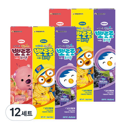 뽀로로 저불소 치약 복숭아향 + 바나나향 + 포도향 세트, 50g, 12세트