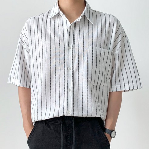 제이에이치스타일 남성용 오버핏 스트라이프 반팔 셔츠