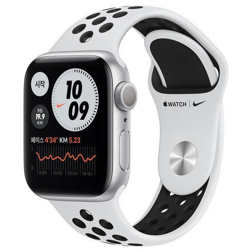 Apple 워치 6 Nike, 실버 알루미늄 케이스, 퓨어플래티넘 + 블랙 스포츠밴드, 40mm, GPS