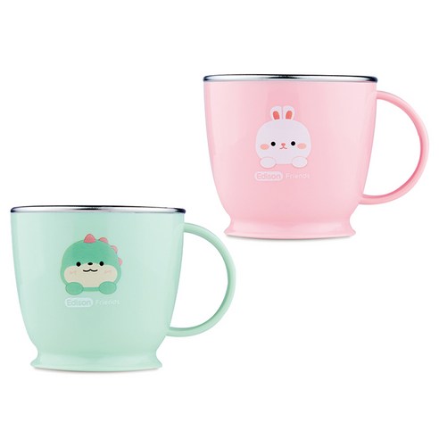 에디슨 프렌즈 논슬립 스텐 유아동 한손컵 2p 세트, 공룡 + 흰토끼, 1개, 240ml