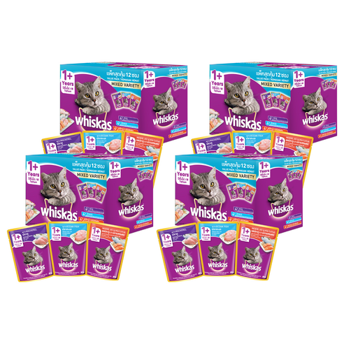 위스카스 어덜트 고양이 파우치 믹스드 버라이어티팩 습식사료 고등어 80g x 4p + 오션피쉬 80g x 4p + 고등어와 연어 80g x 4p, 4개