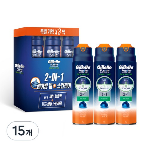 질레트 퓨전 프로글라이드 센서티브 2 in 1 퓨어스포츠 쉐이빙 젤, 170g, 15개