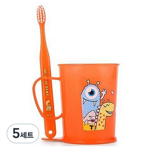 위덴 어린이 변덕쟁이 칫솔 + 양치컵 세트 6-8세용 오렌지, 5세트