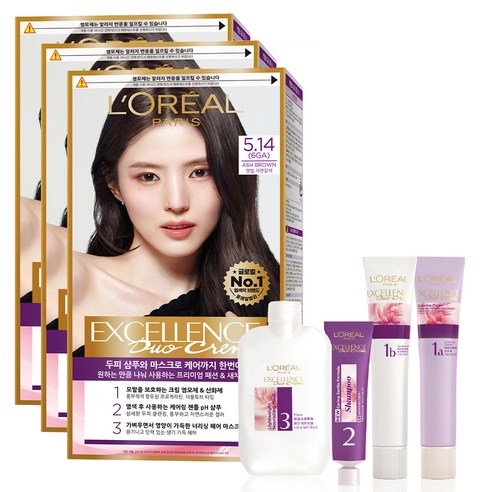 로레알파리 엑셀랑스 듀오크림 염모제, 5.14호 애쉬 브라운 6GA, 3개