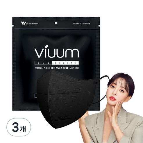 viuum 에코 브리즈 새부리형 마스크 중형 KF94, 25개입, 3개, 블랙