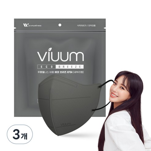 viuum 에코 브리즈 새부리형 마스크 대형 KF94, 25매입, 3개, 그레이
