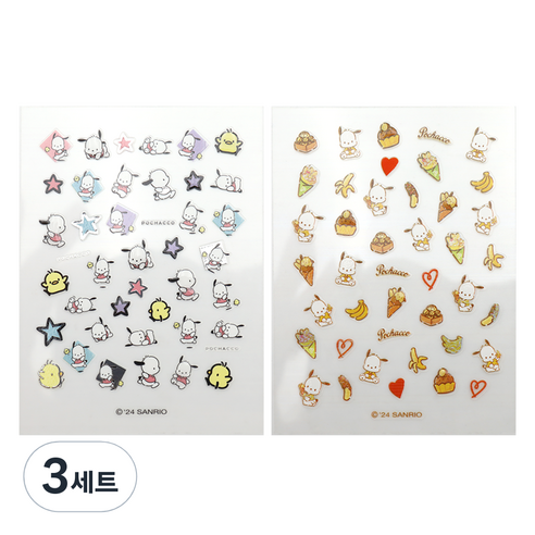 산리오 포차코 네일스티커 2종 세트, 3세트, 러닝, 디저트