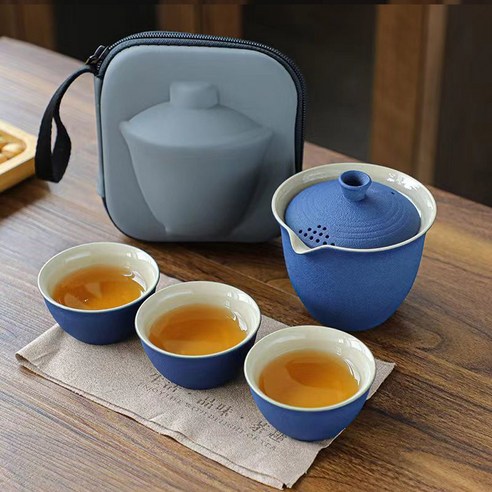 휴대용 다도 세트, 딥블루(다도), 1세트, 주전자 + 잔 3p + 보관파우치