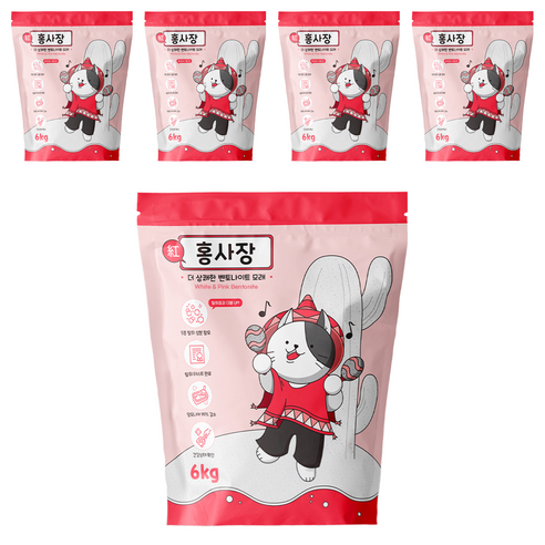 홍사장 탈취강화형 벤토나이트 모래, 6kg, 5개